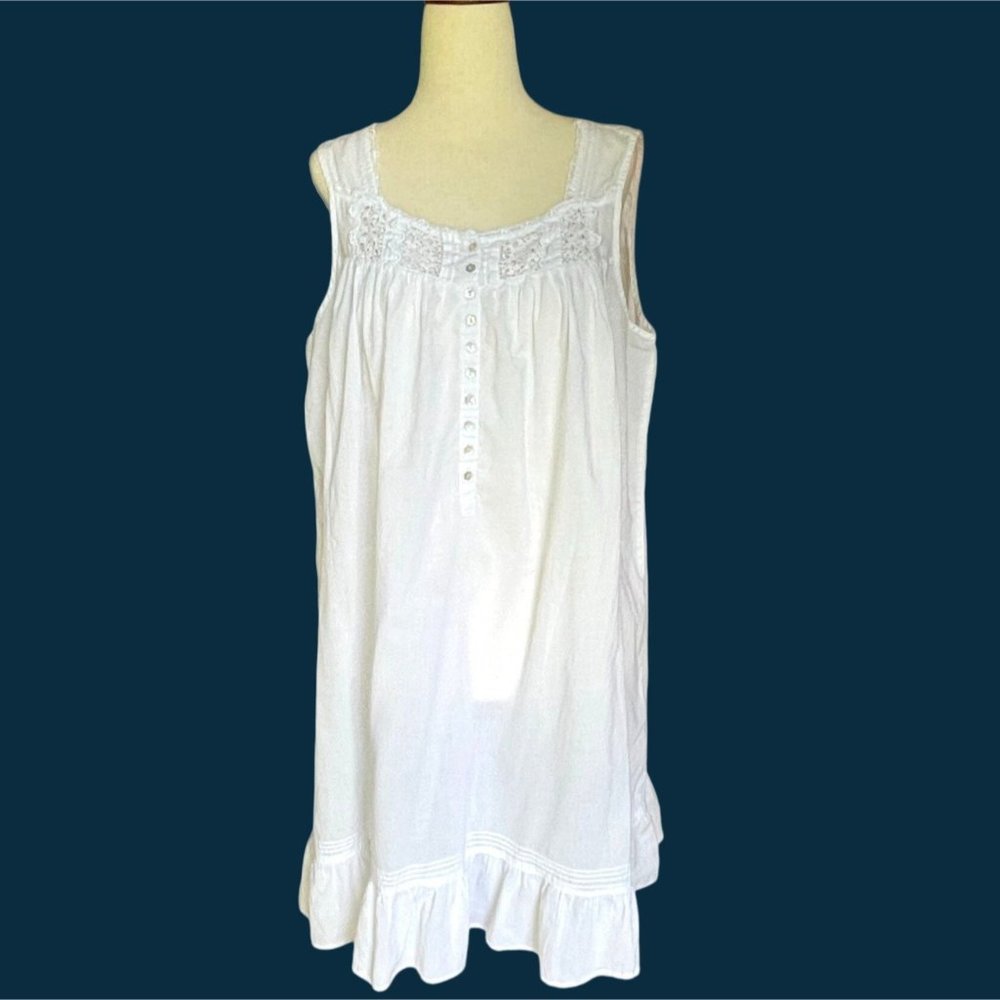 Eileen West White Cotton Sleeveless Lace Ruffle Hem Short Nightgown Chemise Medi